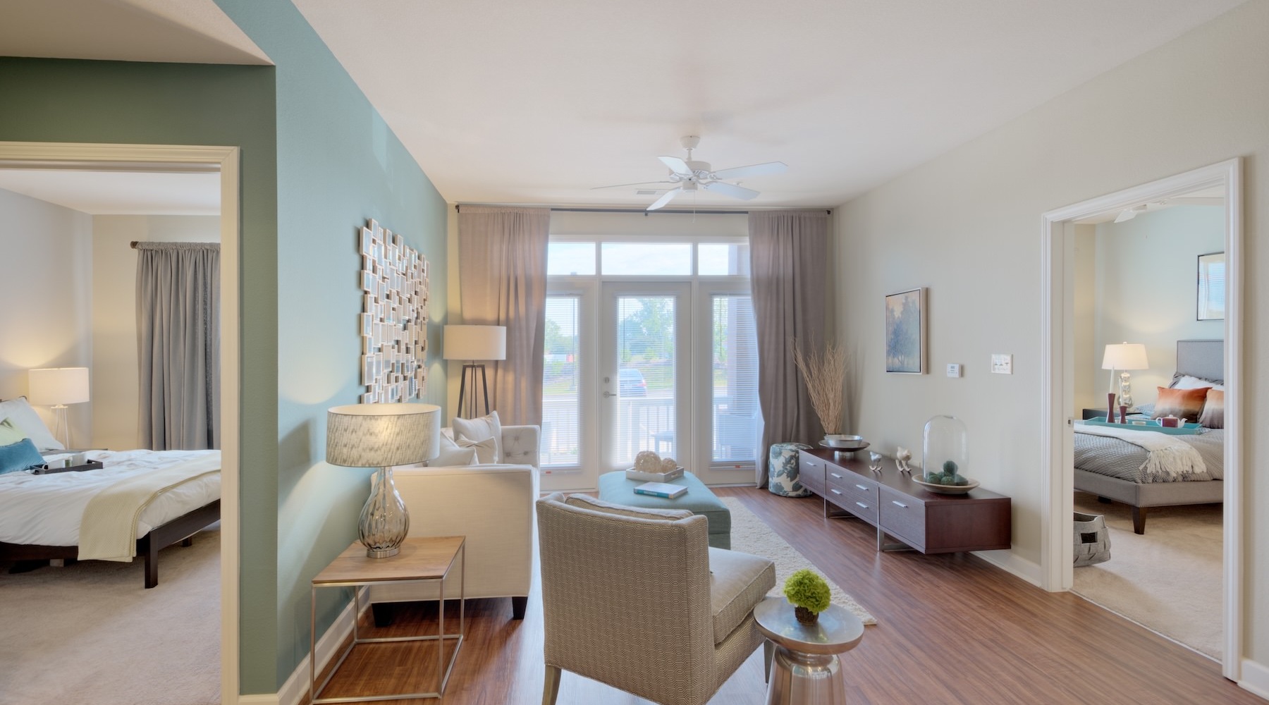 a living room with a couch and coffee table